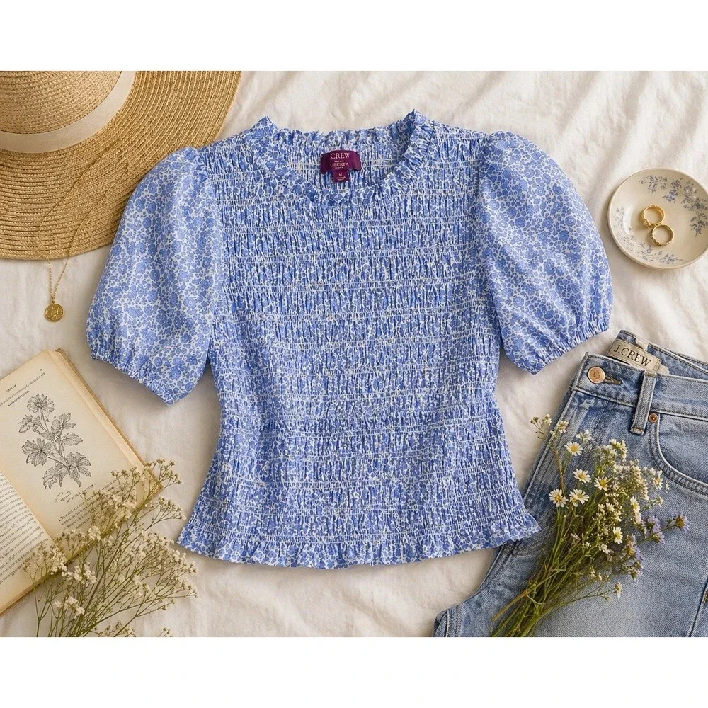 J. Crew Smocked Top M Liberty D'Anjo Floral Puff Sleeve Cottagecore Coquette